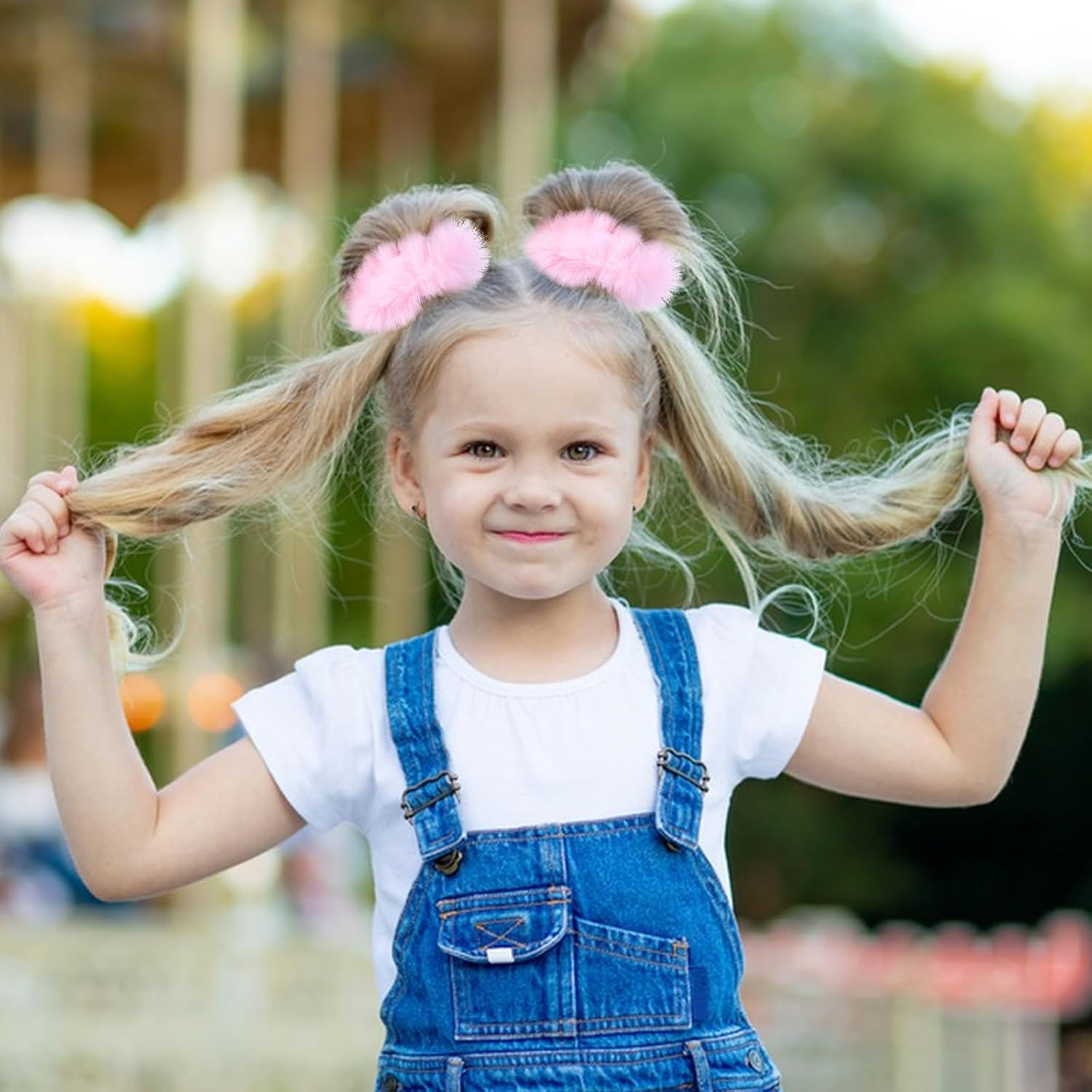 2 Pcs Pink Pom Pom Hair Tie, Fuzzy Furry Faux Rabbit Fur Scrunchies Ponytail Holders Baby Hair Ties Pom Hair Accessories for Girls Women (Pink) image number 4