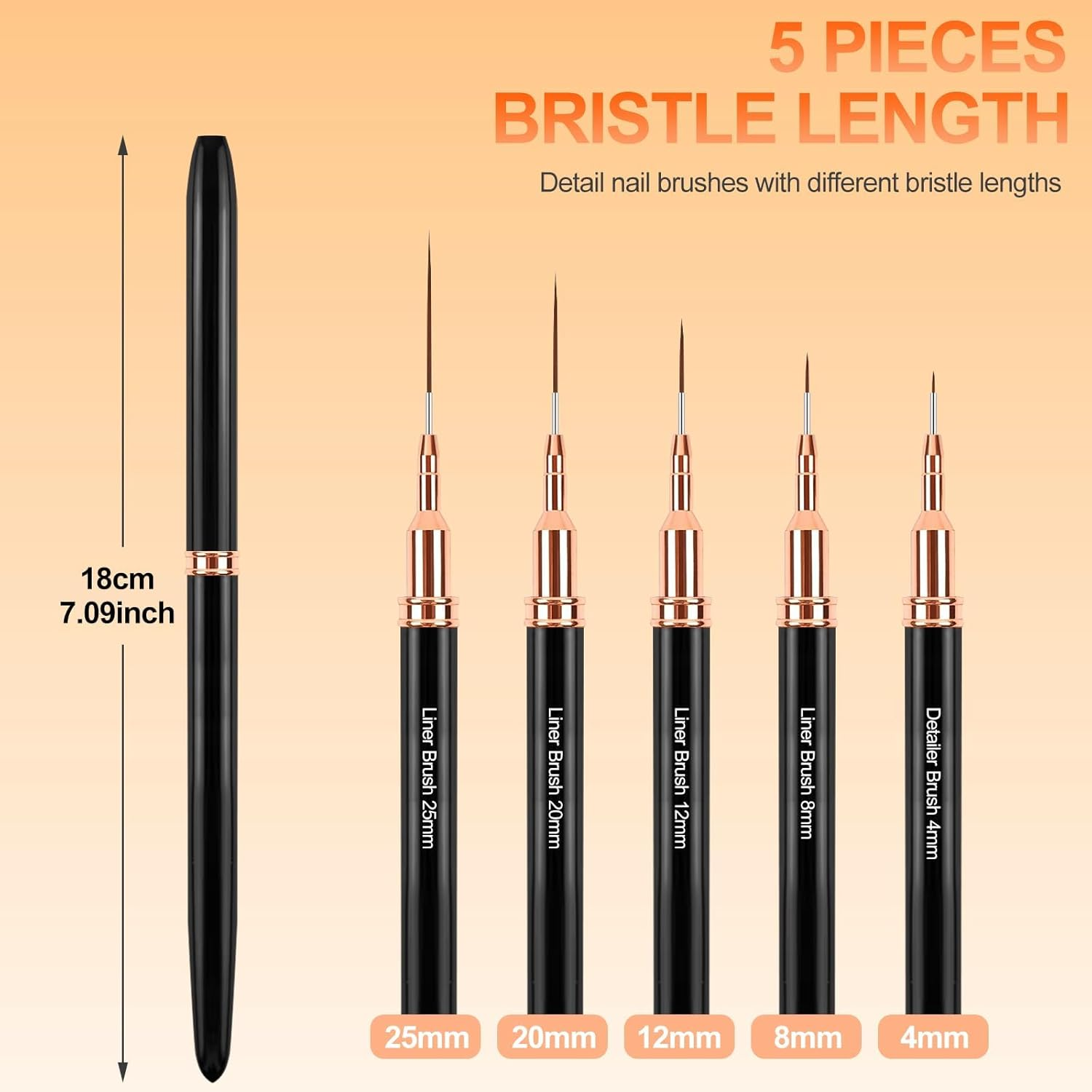 Sularpek 5 Pcs Nail Art Brushes, Nail Art Liner Brushes, Painting Design Brush Set, Detail Nail Drawing Tool for Long Lines, Thin Details, Fine Drawing Sizes 4/8/12/20/25Mm, Black image number 3
