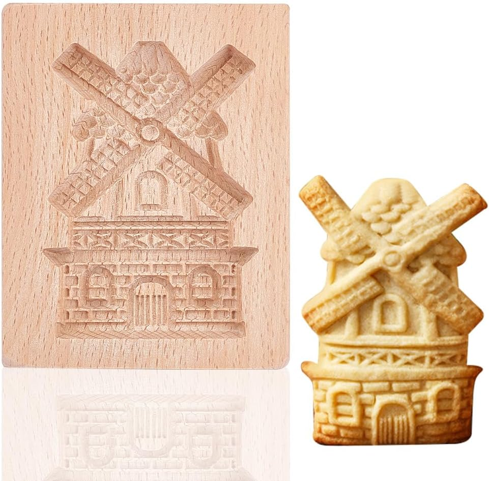 GOMAKRER 1 Pcs Carved Wooden Windmills Cookie Mold, Kitchen Wooden Cookie Cutter 3D Biscuit Press Stamp Molds Gingerbread Cookie Stamp for Christmas Kitchen DIY Baking Tools image number 5