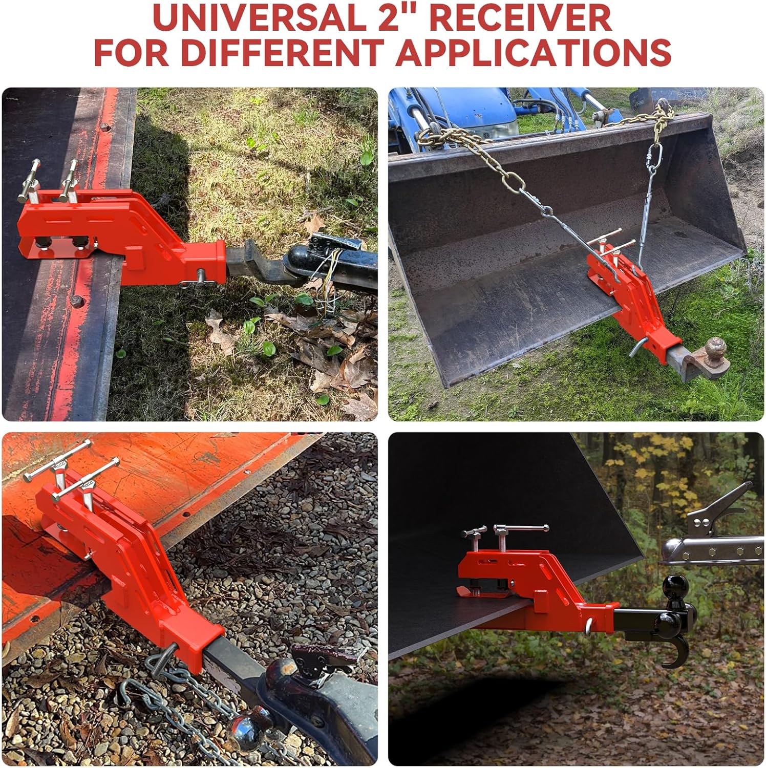 New Upgraded Tractor Clamp on Trailer Hitch 2" Receiver, Non-Slip Trailer Adapter Mount for Kubota, Deere, Bobcat, Bucket Trailer Hitch Attachment (Red) - Black image number 4
