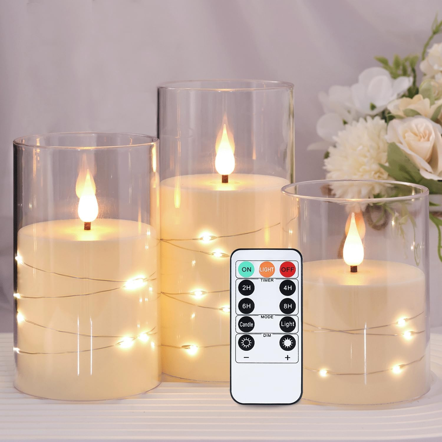 Flickering Flameless Candles: Built-In Star String Lights Unbreakable 3D Wick Acrylic Battery Operated LED Pillar Candles with Remote (White, 4" 5" 6") image number 6