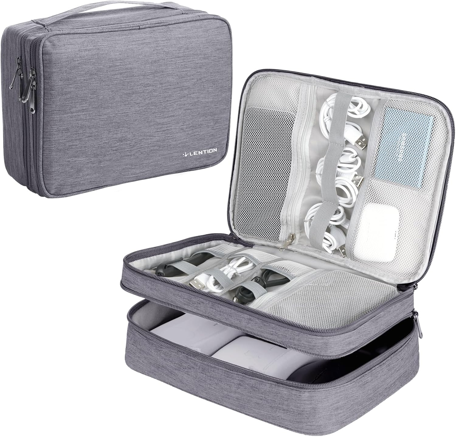 LENTION Travel Electronic Organizer Bag for Electronic Accessories, Water Proof, Scratch-Resistant Surface, Shock Proof, Double Layer for Power Bank, Iphone, Cord and More(M370, Space Gry)