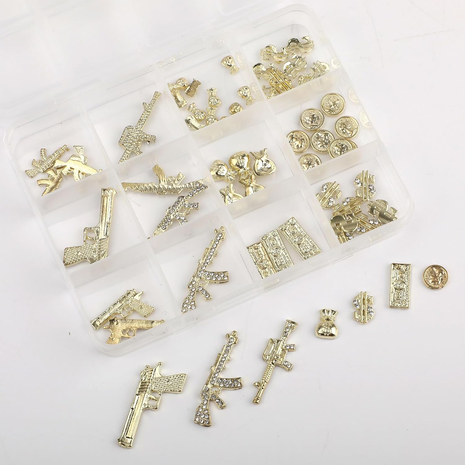 62Pcs 3D Nail Ornaments Gold Alloy Gun Dollar Shape Nail Decoration Accessories for Women Girls Manicure Design DIY Crafts