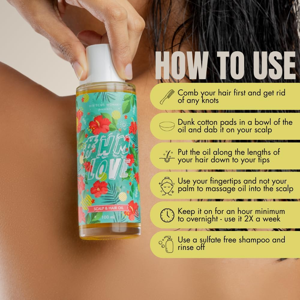 Hibiscus Monkey HM Love Scalp & Hair Oil | Non-Sticky Hair Oil | Natural Hair Oil | Anti-Frizz Hair | Promotes Hair Growth, Reduces Hairfall, Unisex | Flower and Coconut Milk Oil |