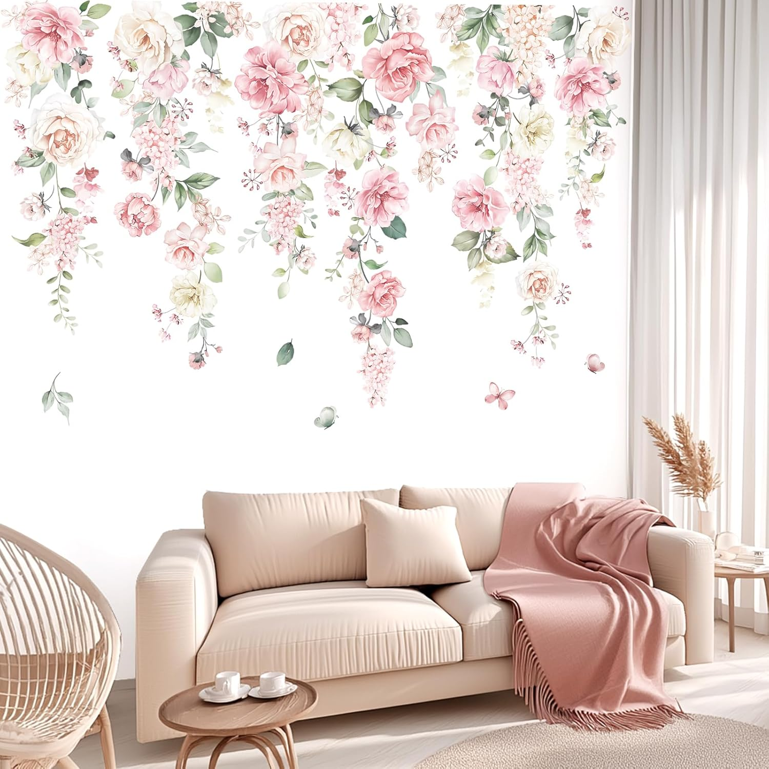 Wondever Large Pink Flowers Wall Stickers Hanging Vine Floral Leaves Peel and Stick Wall Art Decals for Baby Nursery Girls Bedroom Living Room image number 4