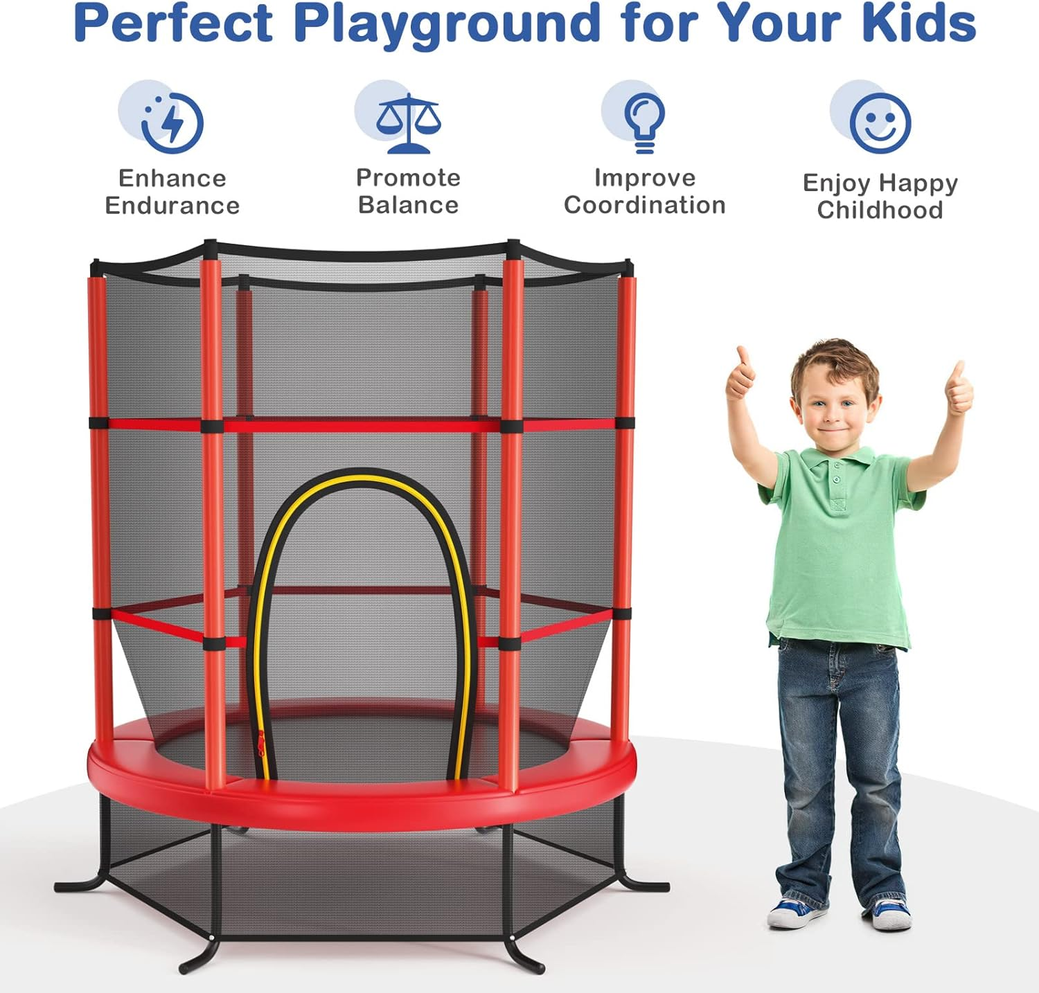 HONEY JOY 5.3FT Kids Trampoline, Toddler Trampoline W/Safe Enclosure Net, Accessories Bag, Jumping Pad, Indoor Outdoor Recreational Trampoline W/Heavy Duty Steel Frame, Max Load 45KG - Navy Blue image number 3