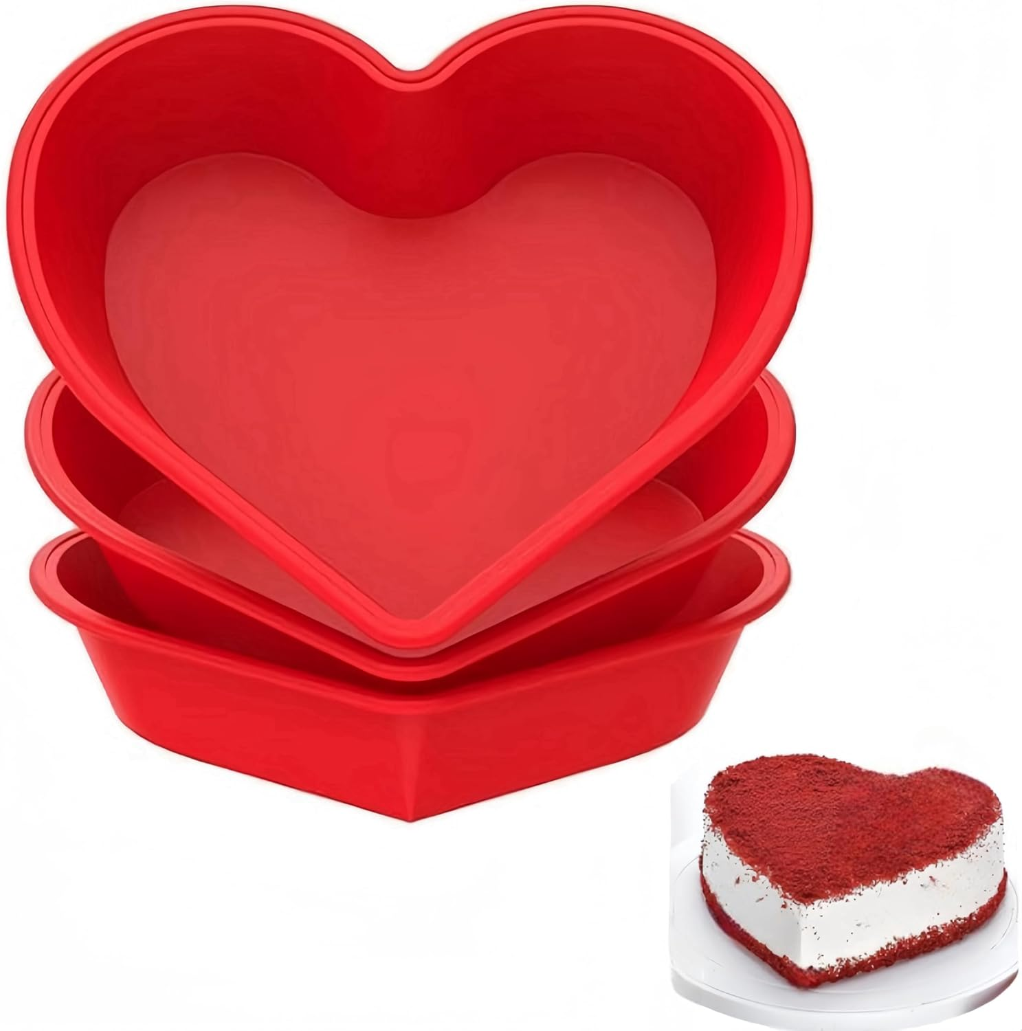 Heart Shaped Cake Pans, 10 in Silicone Cake Baking Tray,3 Pcs Reusable Cake Molds, Heat Resistant Nonstick Cheesecake Molds for Cake,Cheesecake,Muffin,Chiffon Cake