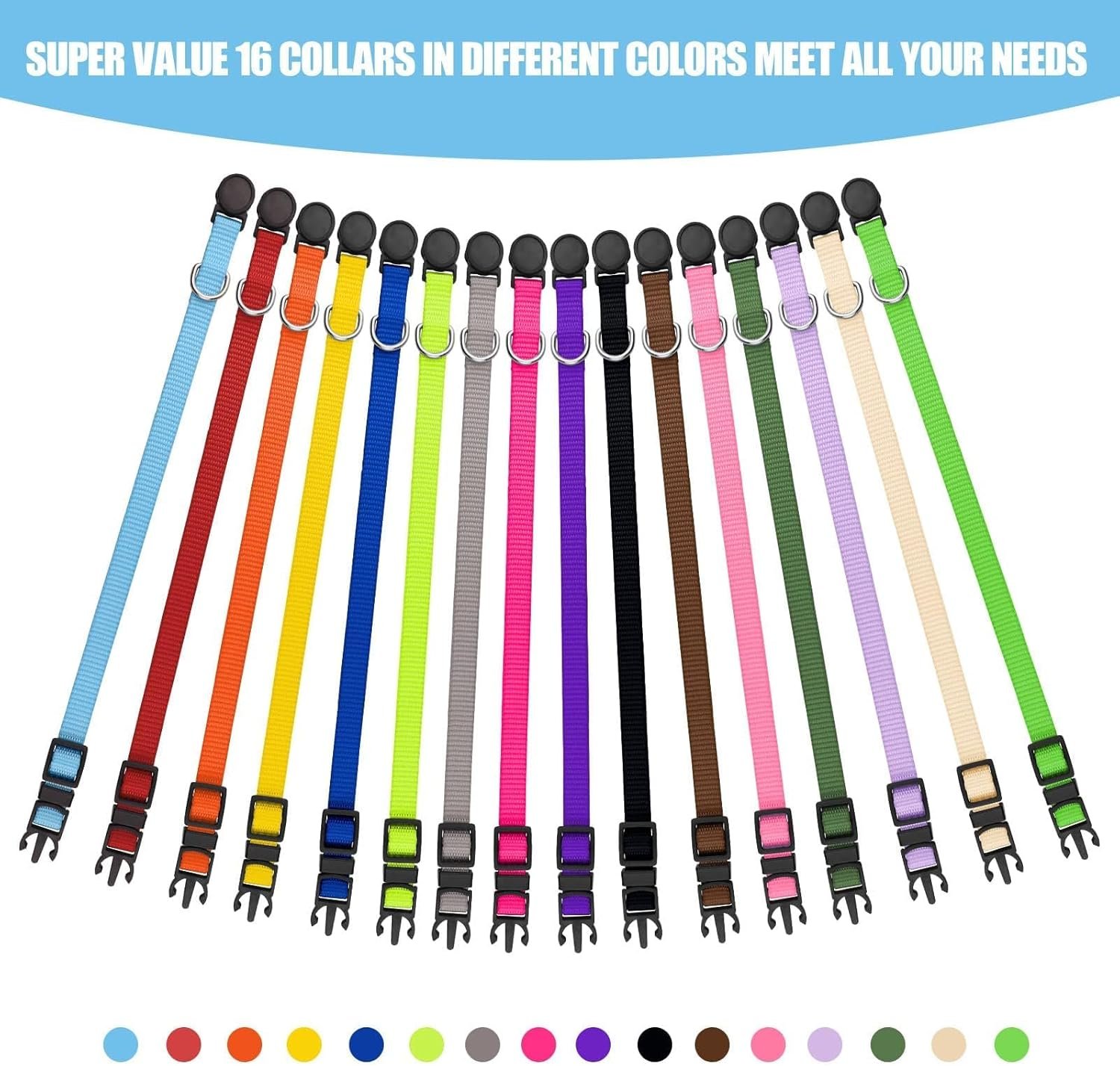 16 PCS Puppy Collars, Safety Buckle for Litter Nylon Adjustable Puppy Collars for Small Puppies, Breakaway Puppy ID Collars Whelping Collars Pet Supplies,Stuff,Accessories (M, Solid)