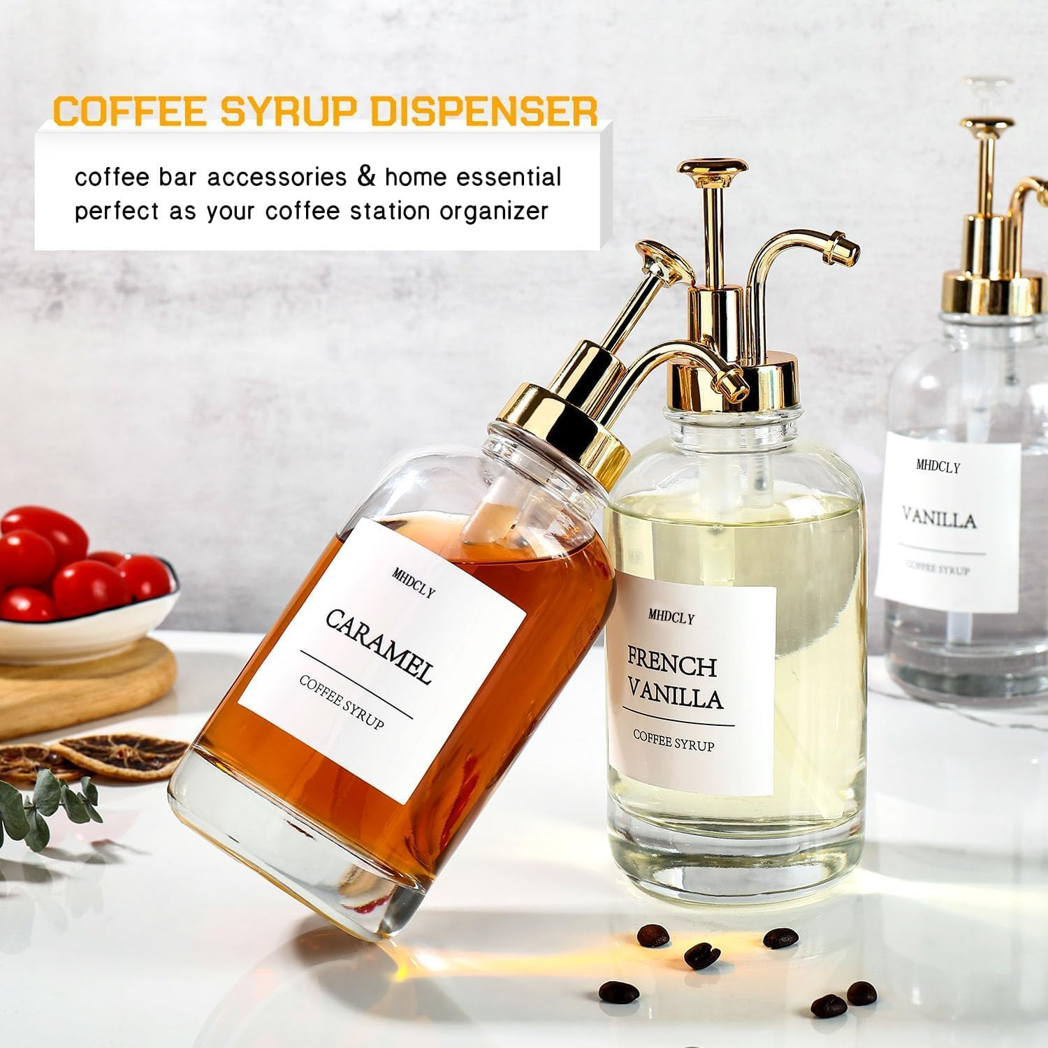 Coffee Bar Accessories,Mhdcly Coffee Syrup Dispenser - 4Pack,16.9Oz Syrup Dispenser with Labels,Syrup Pump Dispenser for Coffee Bar(Gold Pump) image number 4