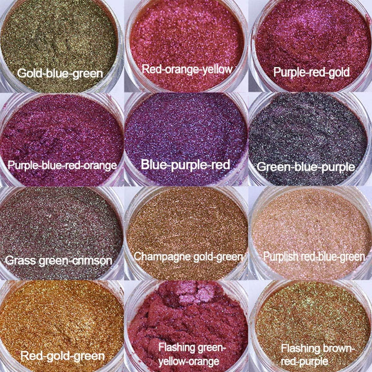 Bilnins Chameleon Mica Powder 12 Color Shift Mica Powder, Holographic Glitter for UV & Epoxy Resin Supplies, Eyeshadow, Acrylic Paint, Nail Decor, Slime, Soap Making, Candles, Bath Bombs, Cosmetics