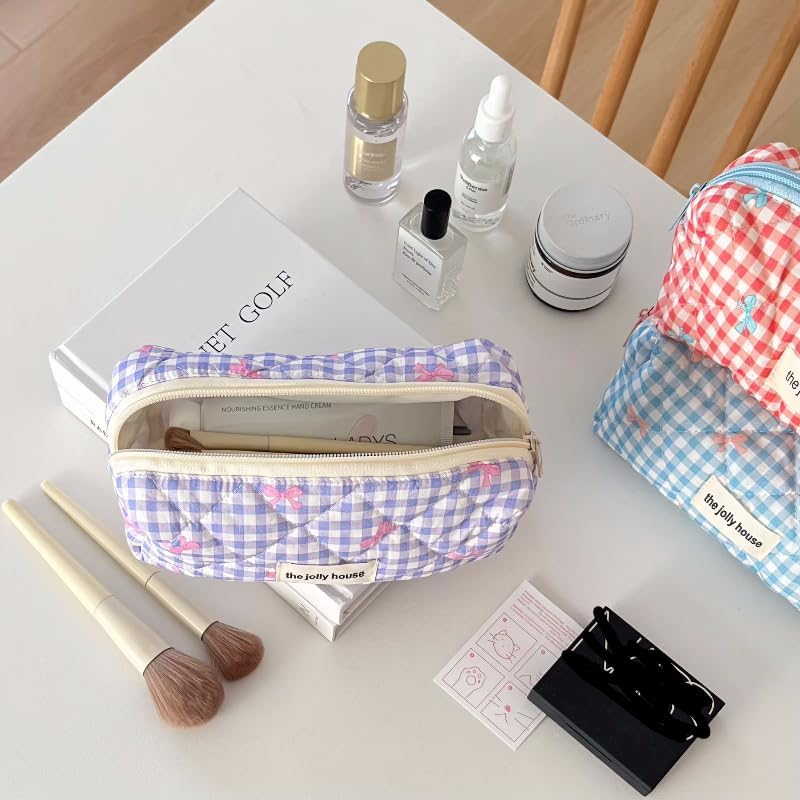 DDPOND Coquette Preppy Makeup Bag Quilted Aesthetic Make up Plaid Bow Tie Pouch Accessorie (Purple) - Pink image number 3