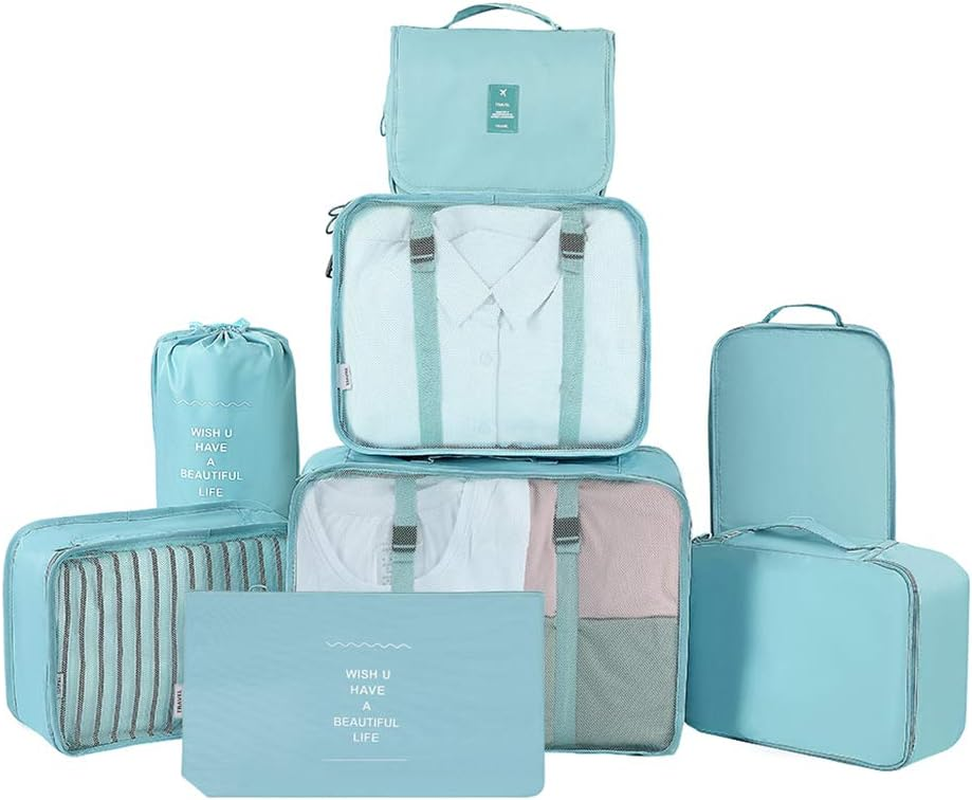 Belsmi Travel Garment Bags Set of 8 Travel Bag in Suitcase Travel Luggage Organiser Compression Bags Suitcase Organiser with Shoe Bag (Style B - Blue) - 8Pcs Pink image number 2