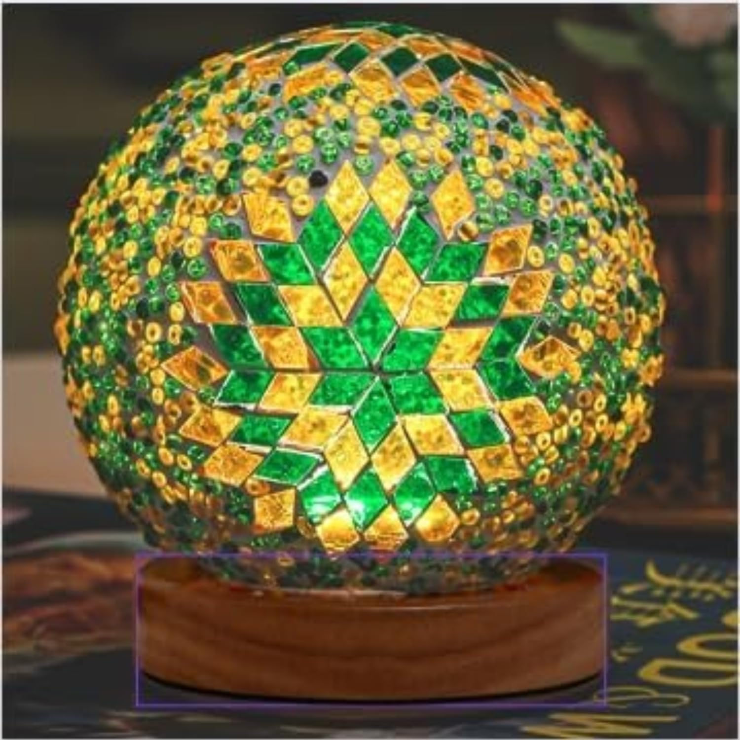 Boho Color Mosaic Lamp Vintage Retro Stained Turkish Moroccan Bohemian Tiffany Bedside Colorful Handmade Glass with Wood Base USB Charge Decor Light for Bedroom Ambient Living Room Farmhouse - Boho A Green image number 3