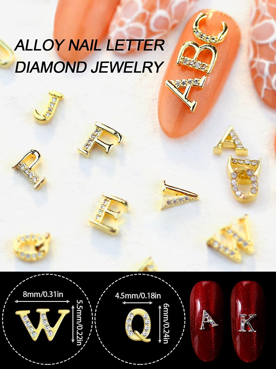 Kalolary 52Pcs Rhinetone Letters Nail Studs, Gold Silver 3D Capital Rhinetone Nail Letter English Alphabet Stud Charm DIY Manicure Nails Jewelry Making Crafts Decoration for Women Girls image number 3
