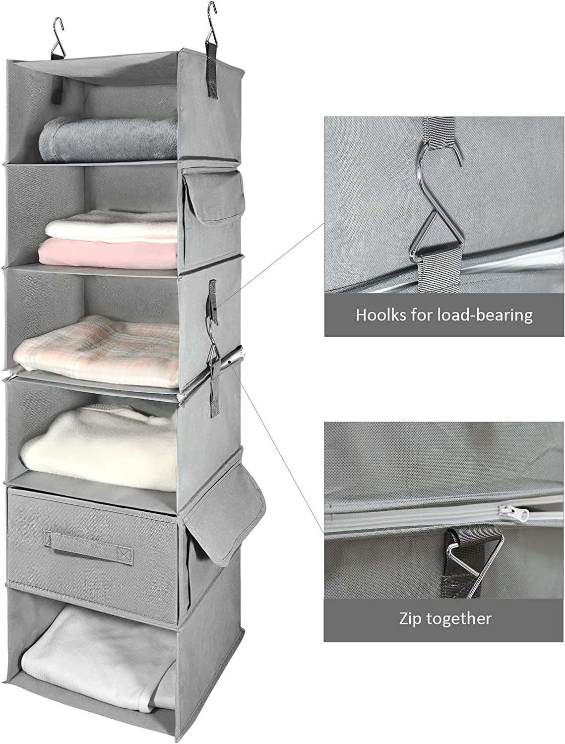 AVITONG 6-Shelf Hanging Closet Organizer, 2 Separable 3-Shelf Hanging Shelves with 3 Drawers for Wardrobe, Nursery, RV Storage, Baby Clothes Organization and Storage image number 4