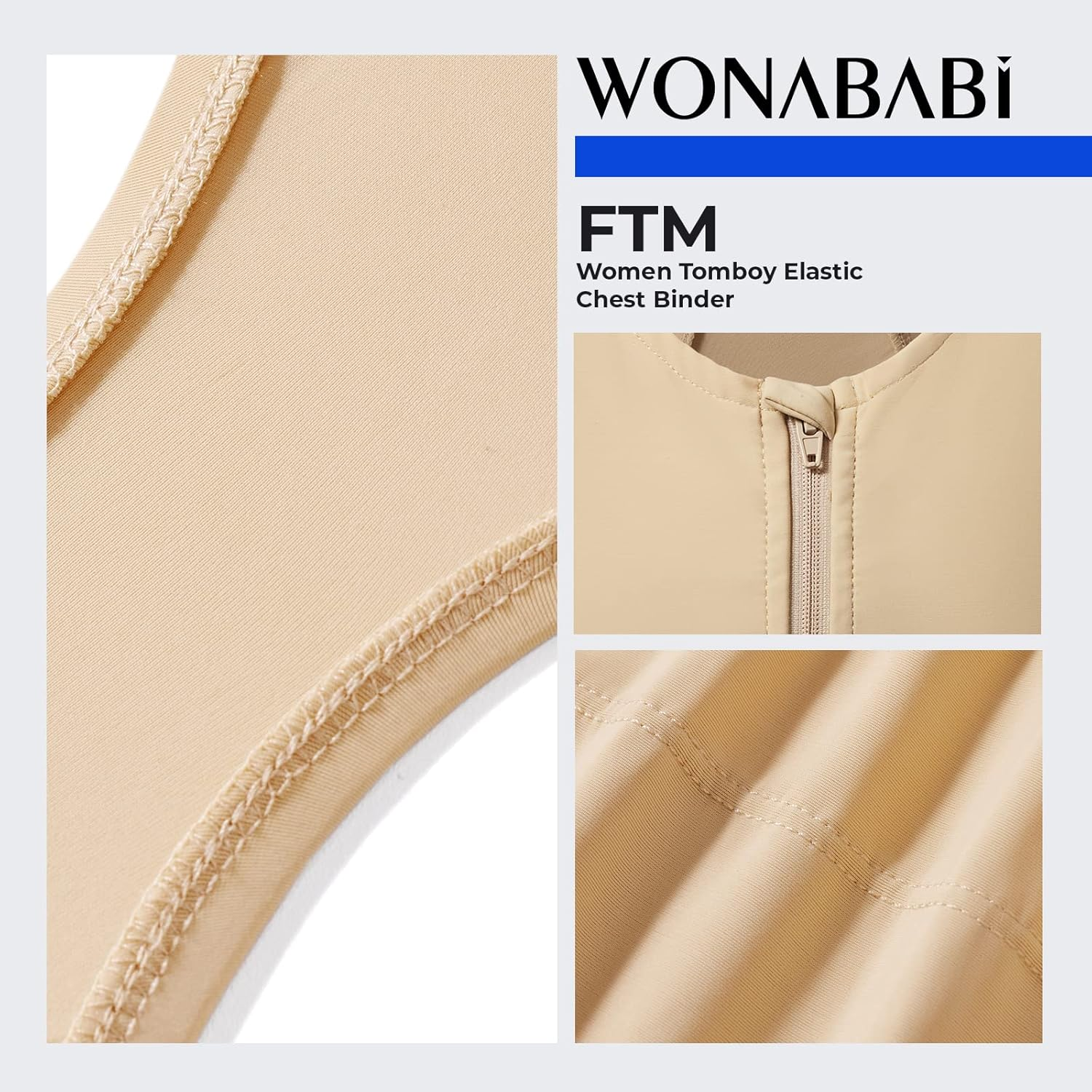 Wonababi Chest Binder, Transgender Stuff with Zipper Half Flat Tank Top for Gynecomastia Cosplay FTM Binder Bra image number 3