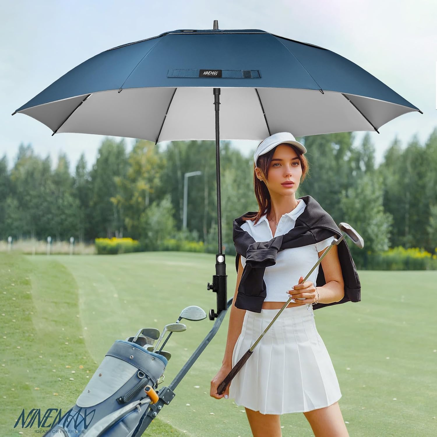 NINEMAX UV Golf Umbrella for Sun Protection 62/68 Inch, Large Sun Umbrella Windproof and Rainproof Strong UPF 50+, Reflective Golfing Brolly Double Canopy Heavy Duty for Men Women image number 3