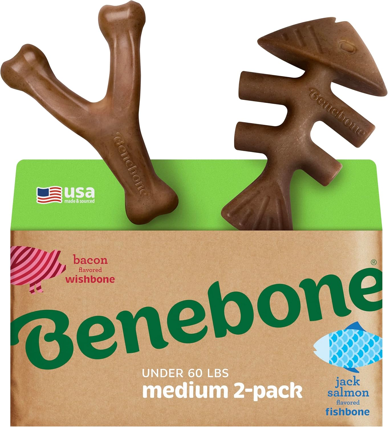 Benebone 2-Pack Indestructible Fishbone/Wishbone Dog Chew Toys, Long Lasting Tough Boredom Breaker for Dogs, Real Salmon and Real Bacon Flavour, for Large Dogs, Made in USA image number 1