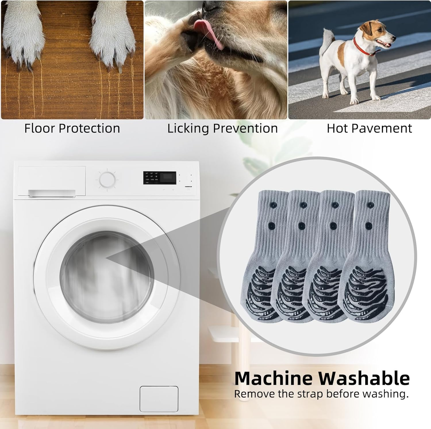 Anti-Slip Dog Socks with 2 Adjustable Straps for Hardwood Floors and Pavements, Paw Protection for All Breeds (Grey, M) image number 2