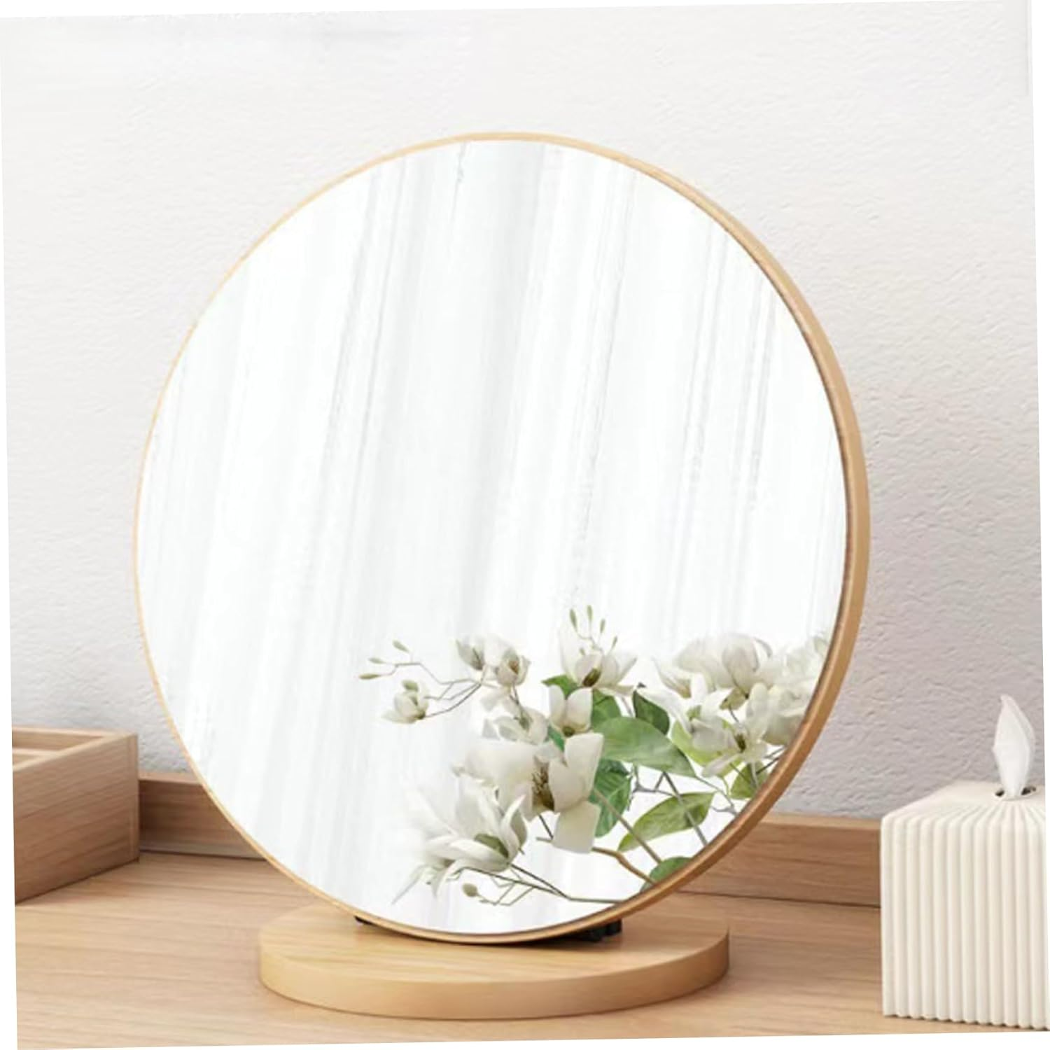 Round Makeup Mirror with Wooden Base 11.8" Makeup Mirror 90&deg; Rotating Tabletop Mirror for Home Dorm & Bedroom Dressing Table image number 3
