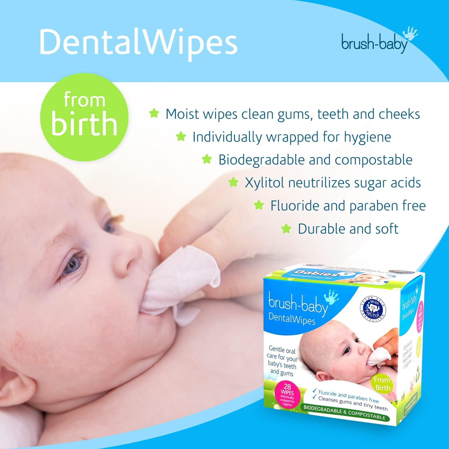 Brush-Baby Dentalwipes for Babies | Stage 1 Birth - First Teeth | Suitable from 0-16 Months | Soft Wipes to Gently Clean Your Baby&rsquo;S Mouth, Gums and Tongue | 1 Pack of 28 Individually Wrapped Wipes image number 5