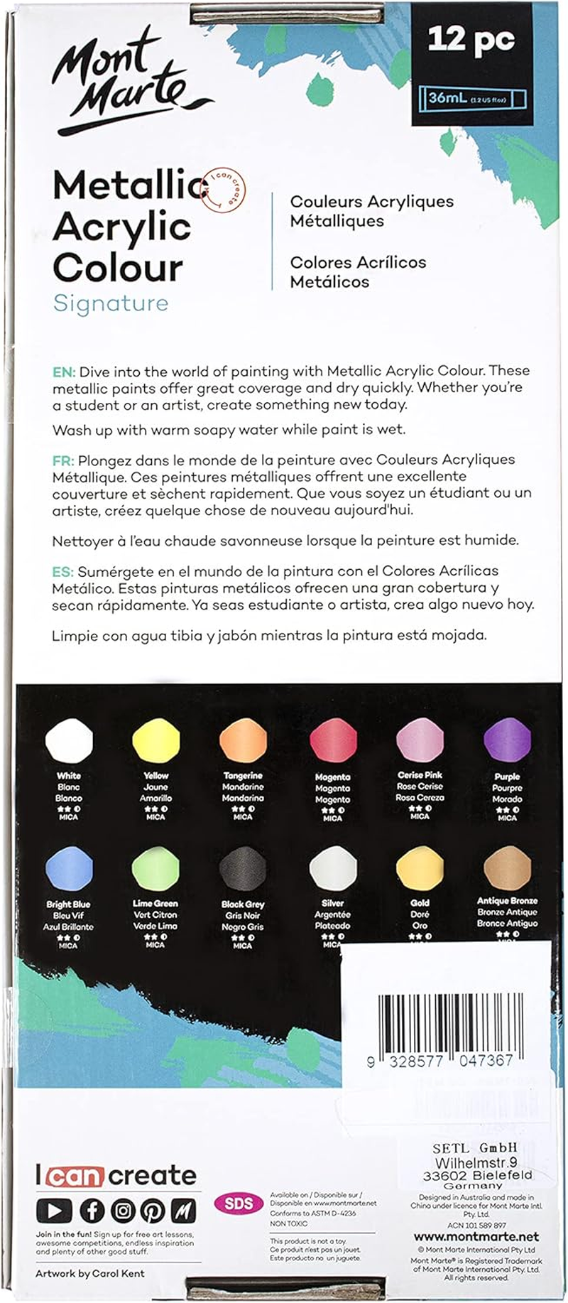 Mont Marte Metallic Acrylic Colour Paint 12-Pieces Set, 36 Ml image number 4