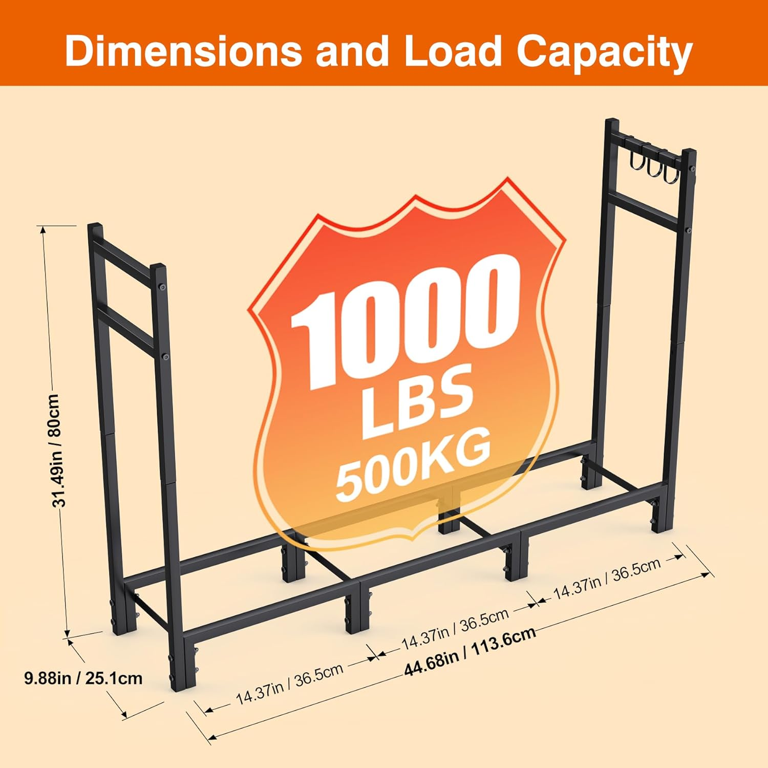 Firewood Rack, Heavy Duty Big Fireplace Rack, 44.7"L X 31.5"H Folding Firewood Storage Log Rack with 4 Hooks, Adjustable Fireplace Log Rack for Wood Storage,Keeps Firewood Neat,Drying-Not Include Wood