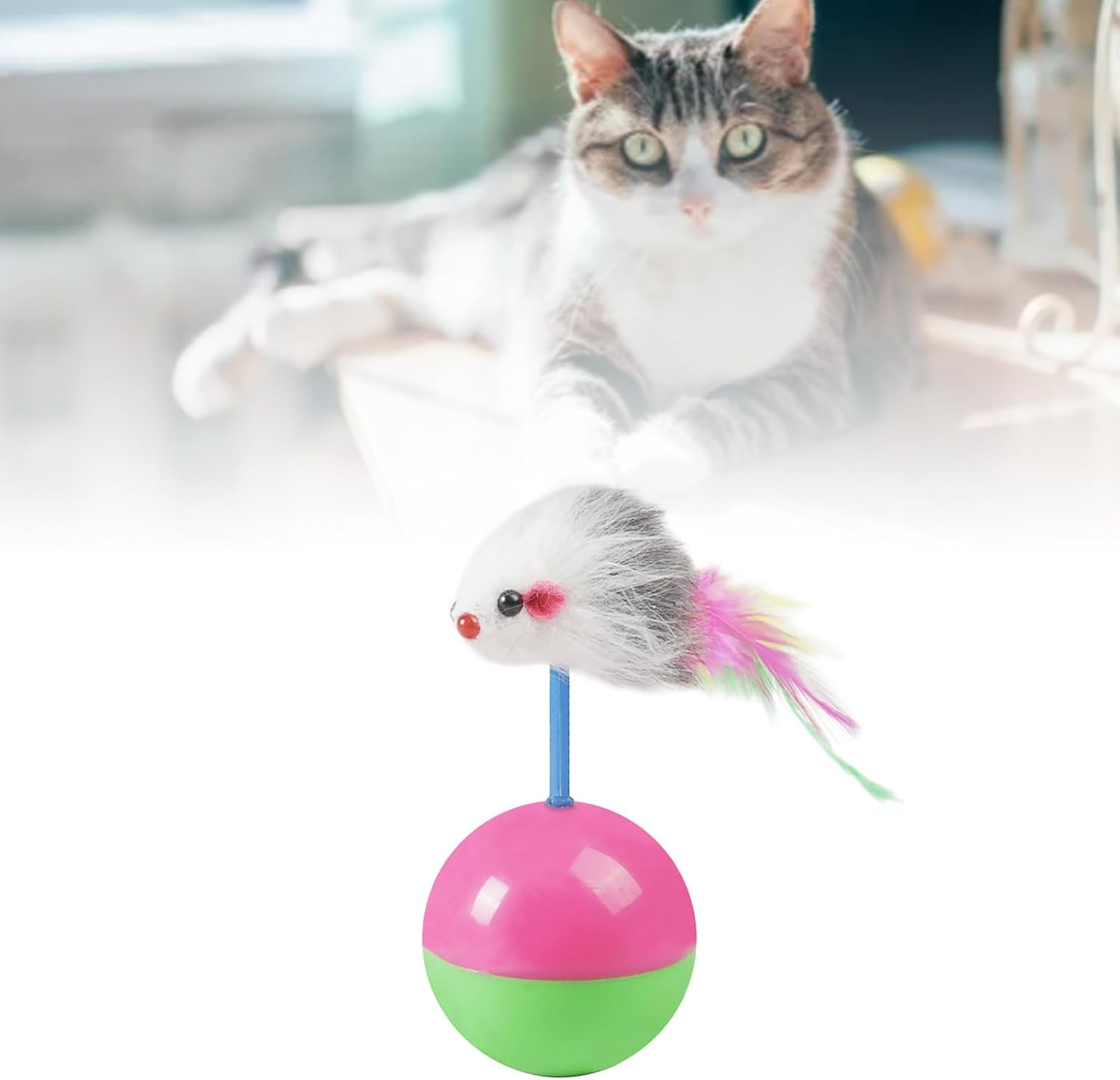 Interactive Cat Toy Ball, Cat Mouse Teaser Toy with Feather, Bobblehead Interactive Ball Toy Rolling Chase Ball Interactive Cat Ball Toy Set for Kitten Play Exercise Entertainment image number 4