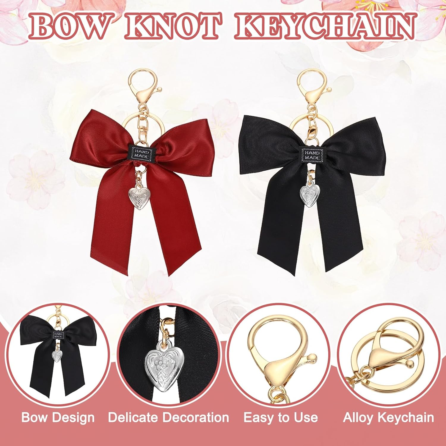 Uxcell 2Pcs Bow Knot Keychain, Cute Bag Charm Keyring, Bow Accessories for Women Purse, Backpack, Car Key, Phone Decoration (Black and Red) image number 4