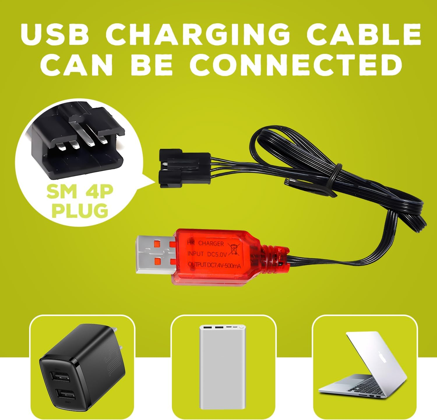 2PCS 7.4V 500Mah SM-4P Plug Charging Battery with USB Charging Cable for EC16 DE85 RC Toy Car Model Off-Road Vehicle Battery M416 Electric Gel Ball Blaster Backup Battery image number 4