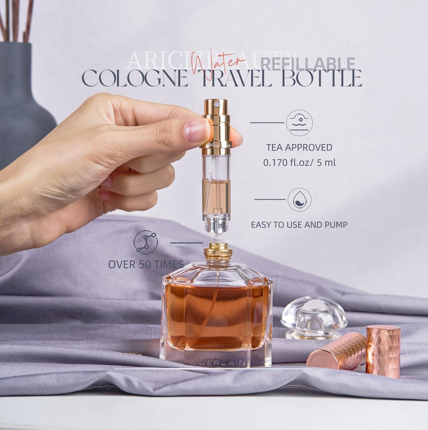 Aricizbeauty Travel Refillable Perfume Atomizer 0.17Fl.Oz/5Ml. Cologne Pocket Recyclable Portable Sprayer Bottle. Mini Scent Pump Case Dispenser Perfume Container (GREY+GLOD) image number 5