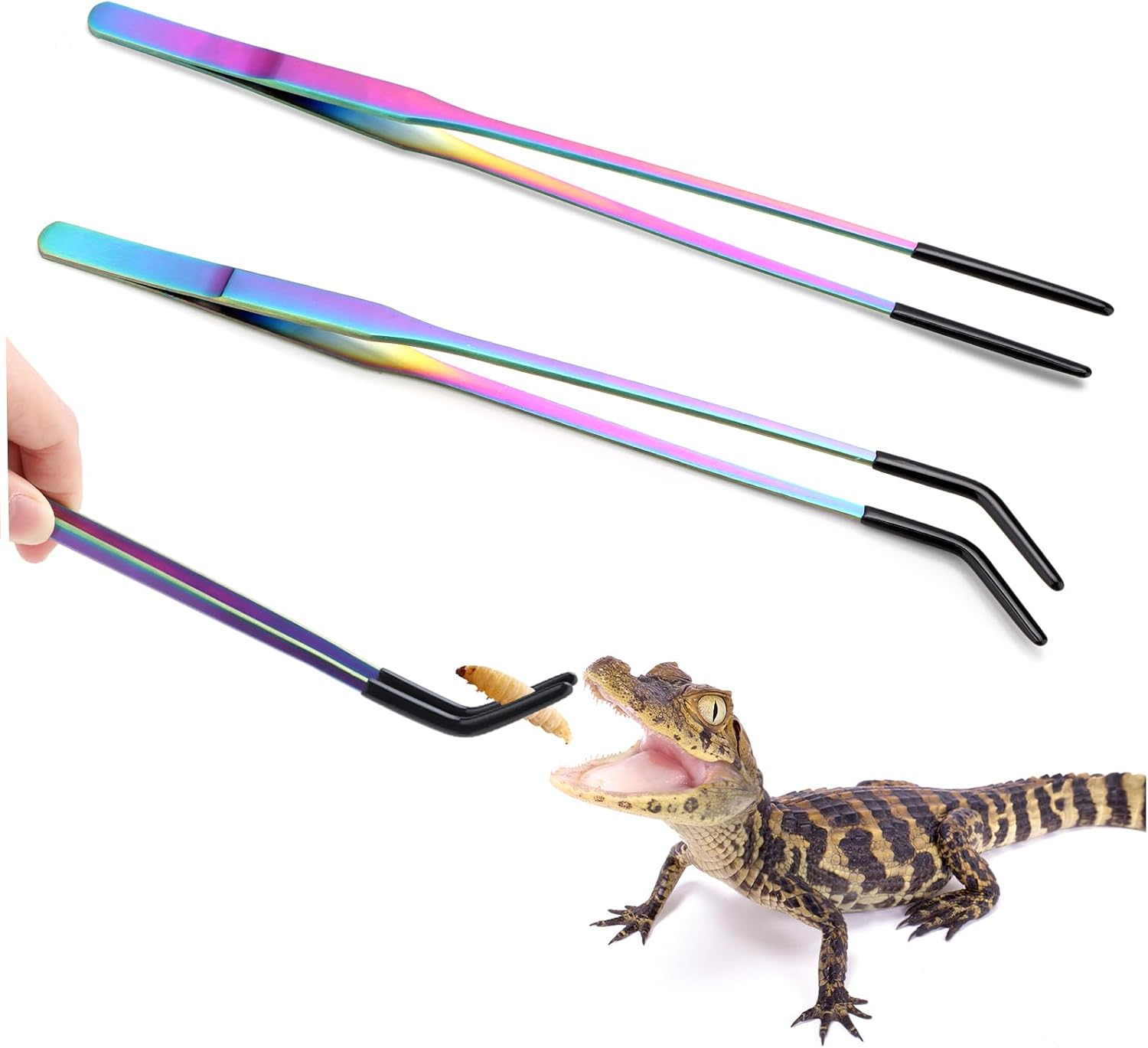 2PCS Stainless Steel Reptile Feeding Tongs with Rubber Tip, 10.6" Straight & Curved Long Tweezers, Perfect for Aquariums & Crafts - Ideal Bearded Dragon & Snake Tank Accessories, Terrarium Supplies