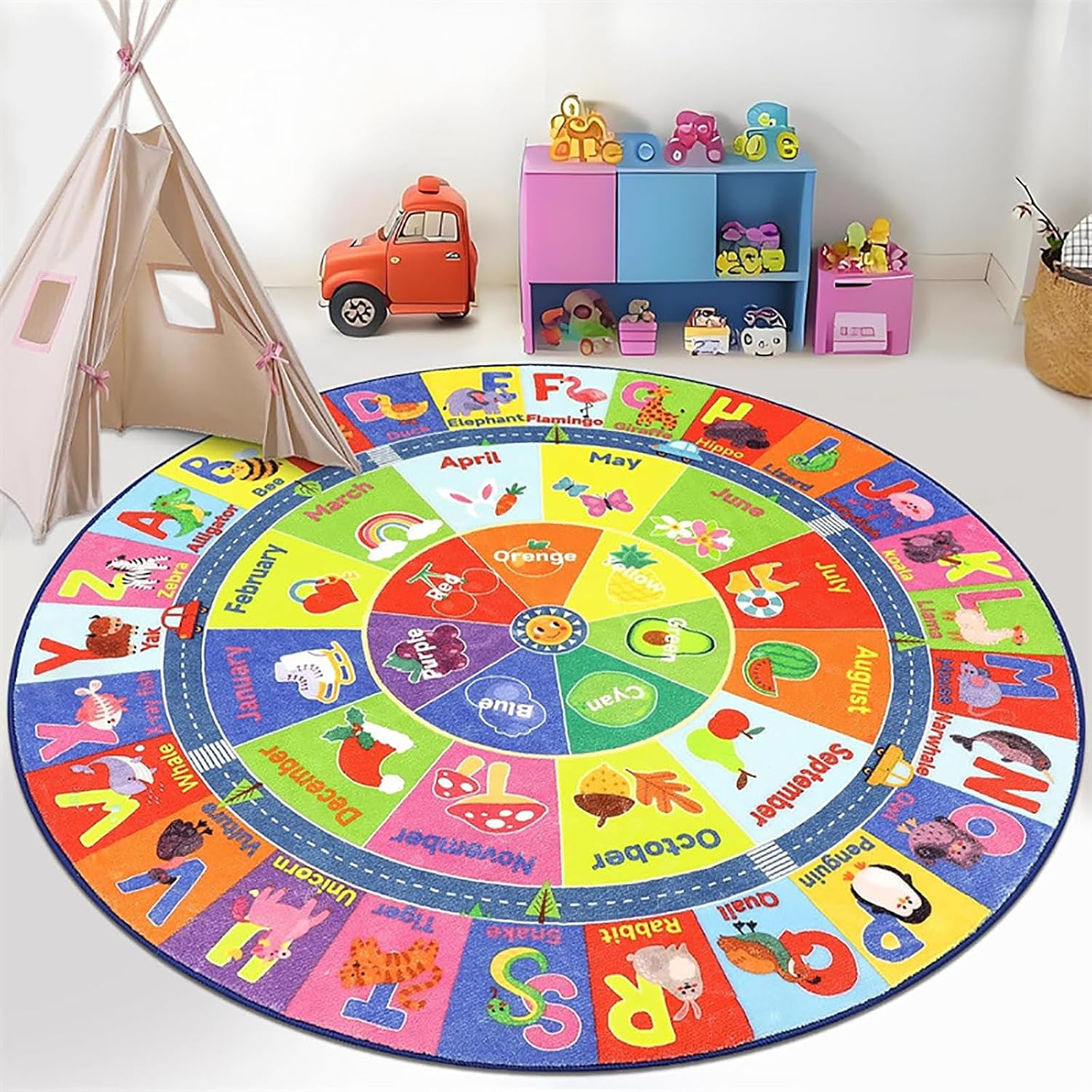 Kid'S Velvet round Rug Soft Floor Playmat for Baby, Cartoon Plush Educational Learning Have Fun Area Rug, Multifunctional Study Activity Centerpiece Play Mat (Color C, 100 * 100Cm)