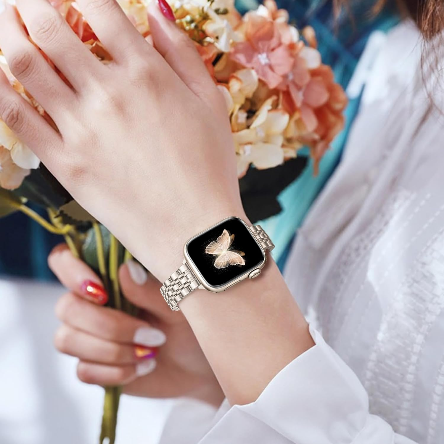 Ocaer Compatible with Apple Watch Strap 42Mm 41Mm 40Mm 38Mm, Slim Stainless Steel Metal Band for Apple Watch Series 10 9 8 7 6 5 4 3 2 1 SE, Elegant Apple Watch Bracelet for Women (Starlight) image number 6