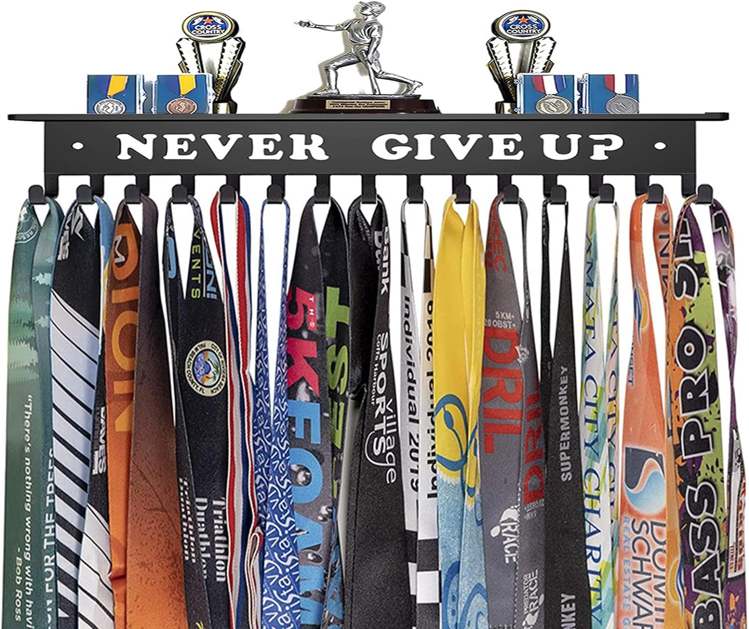 Medal Hanger Display,Trophy Shelf with 15 Hooks,Medal Holder Never Give Up,Upgraded Medal Display for Gymanstics,Race,Soccer,Swim image number 1