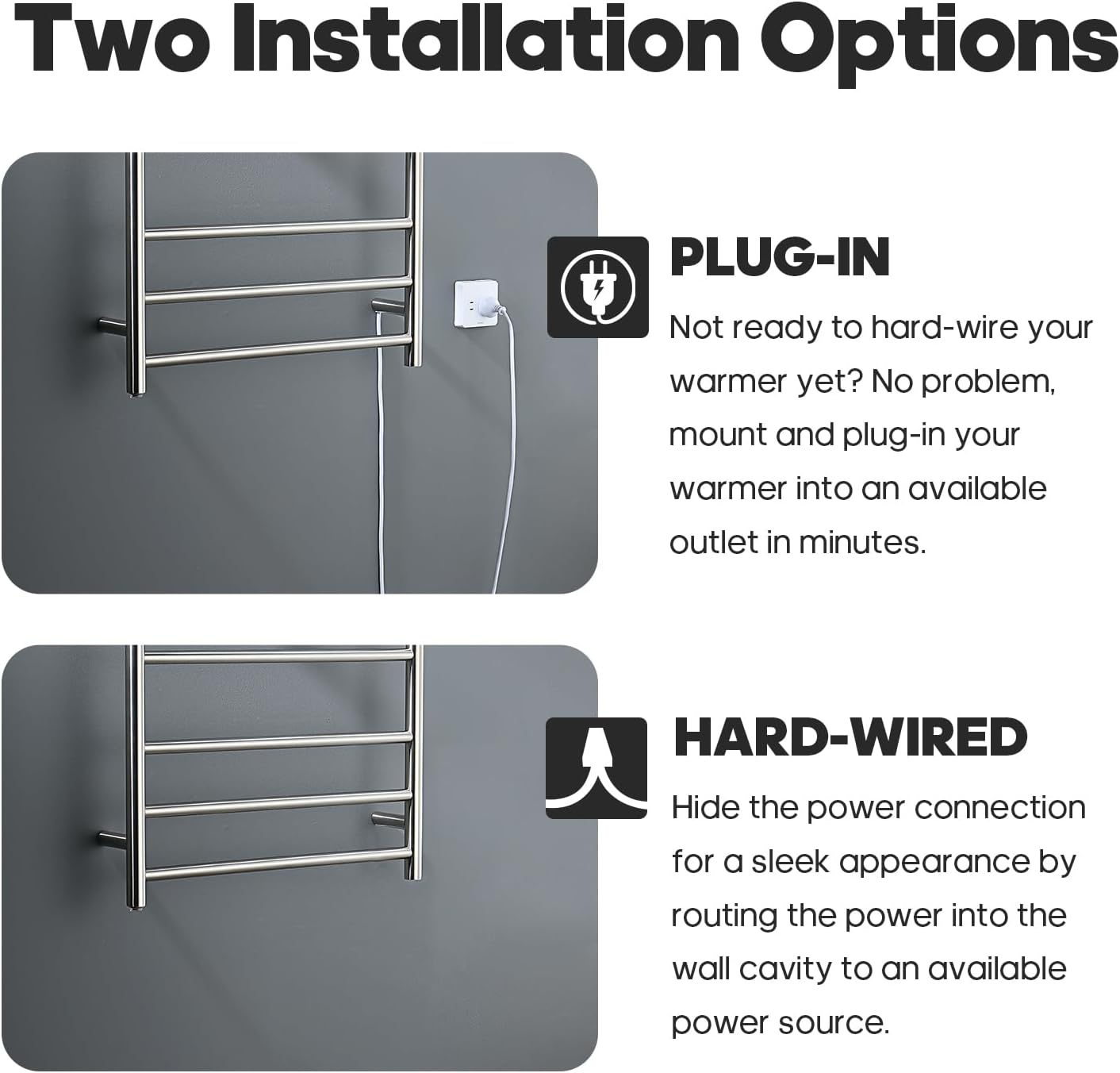 Decaura 7-Bar Heated Towel Rail, Electric Towel Warmer for Bathroom, Wall-Mounted, IP55 Waterproof, Plug-In or Hardwired, Stainless Steel, 600Wx800Hx122D Mm