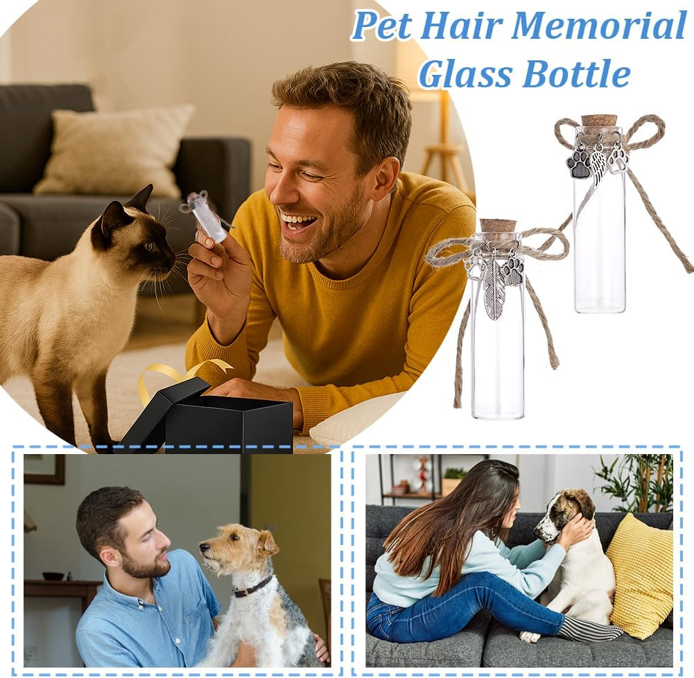 AHANDMAKER 4Pcs 2 Styles Pet Hair Memorial Glass Bottle Pet Fur Memorial Jar Glass Vial for Ashes Dog Keepsake Pets Loss Memory Sympathy Gift Clear Dog Cat Fur Keepsake Pet Urn Glasses Bottles