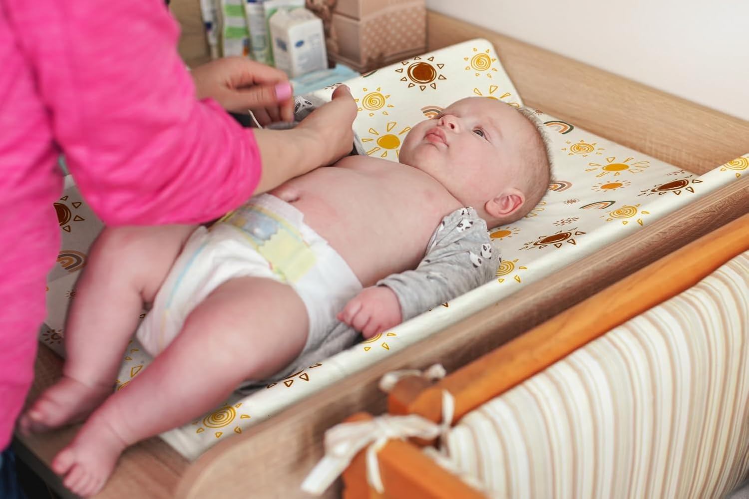 4 Pack Boho Nursery Sheets - Sunshine and Rainbow Design, Neutral Unisex Fitted Baby Changing Pad Cover Sheets for Baby Boys or Girls image number 6