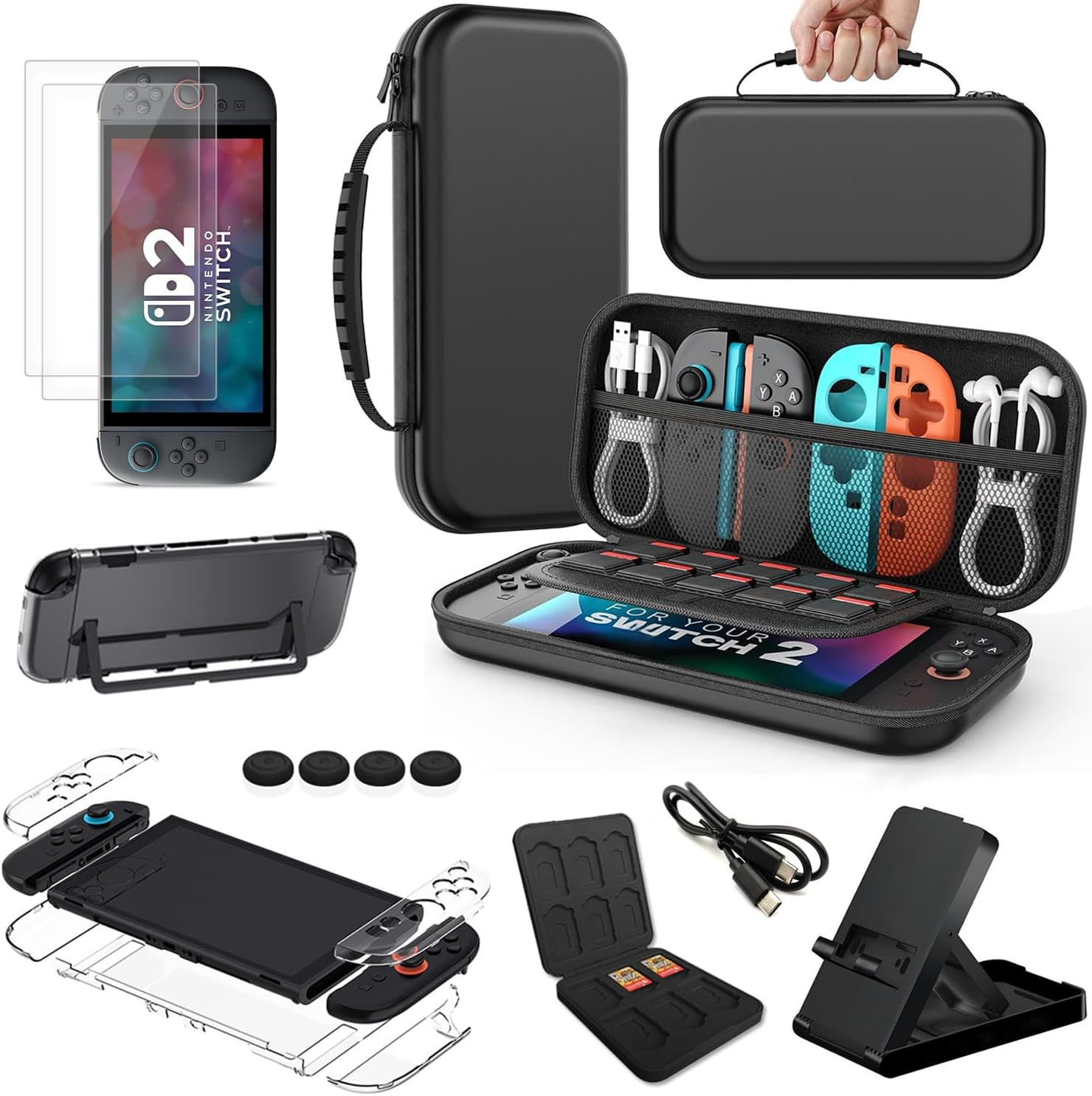 Switch 2 Accessories Set for Nintendo Switch 2 (2025),Portable Switch Accessories Bundle Carry Case & Protective Case Cover, Screen Protector,Thumb Grip Green,Stand & Card Case image number 2