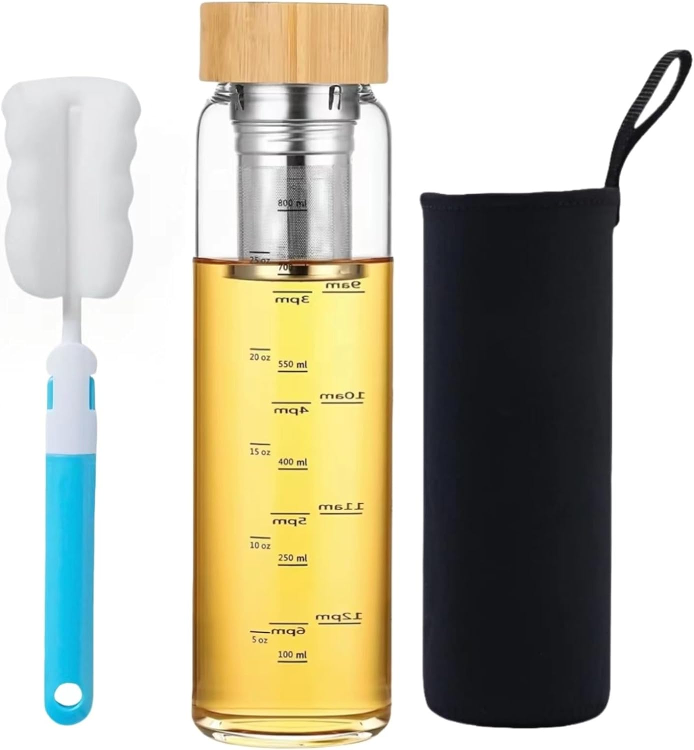 HENGFEI Glass Water Bottle 1L with Steel Lid，Clear Borosilicate Glass Drink Bottle with Infuser and Travel Sleeve.