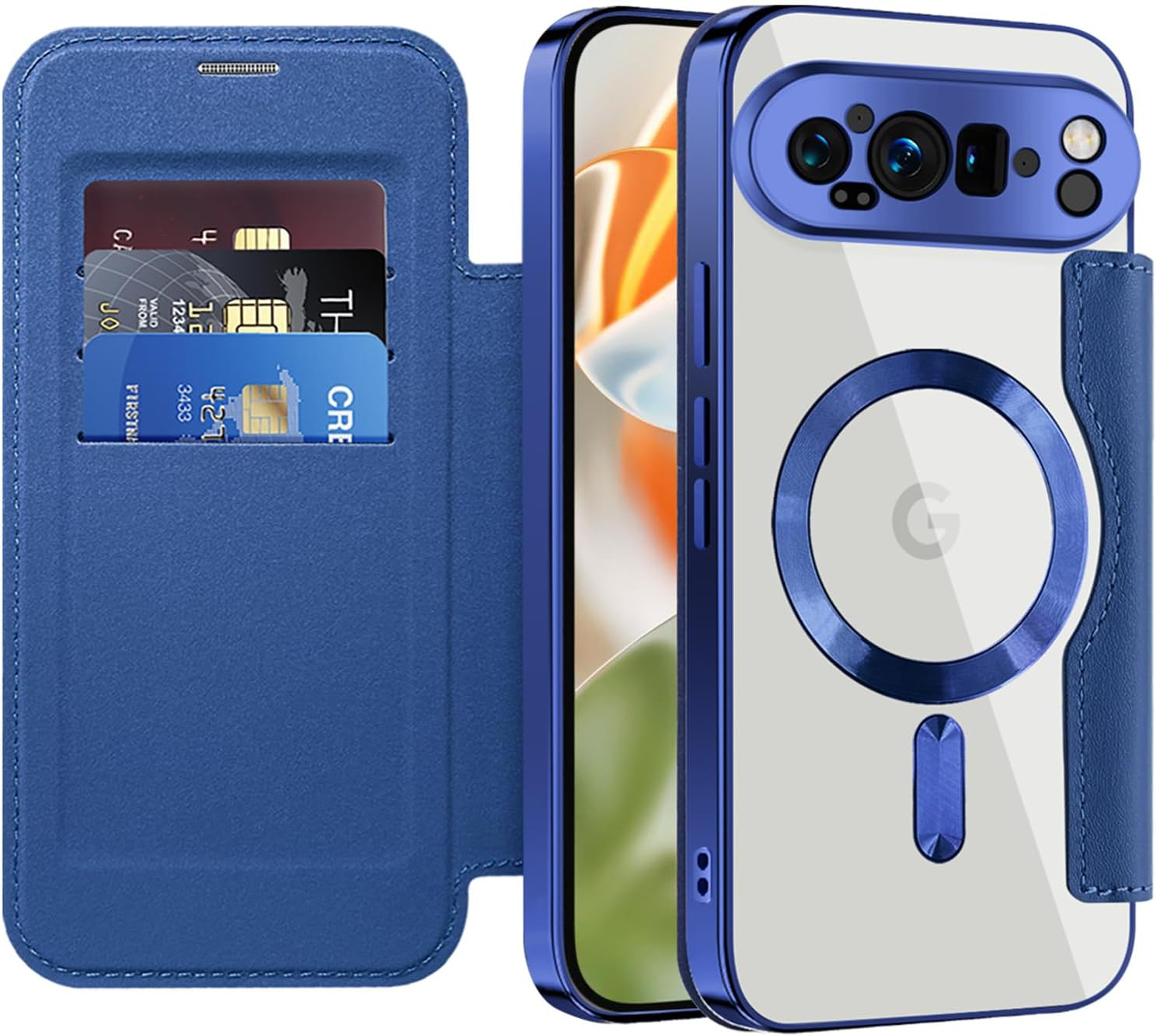 IMEIKONST Magnetic Case for Google Pixel 9 Pro XL Compatible with Magsafe, Premium PU Leather Flip Card Holder Clear Shockproof Protective Mobile Phone Case for Google Pixel 9 Pro XL Dark Blue JDCX image number 6