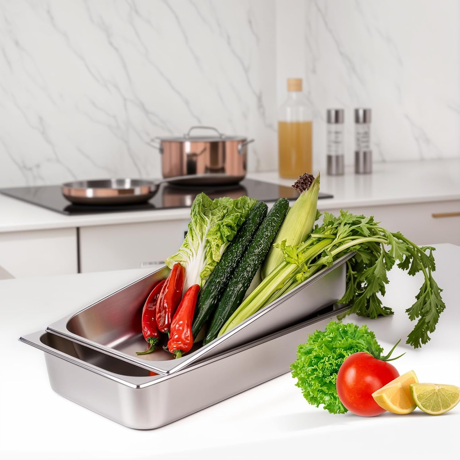 LZONEY Stainless Steel Hotel Pans 1/1 Full Size X 4" Deep Steam Table Pan with Lid, 4 Pack 0.8 Mm Thick anti Jam Pan Stainless Steel Steamer Pan for Hotel, Restaurant, Buffet image number 3