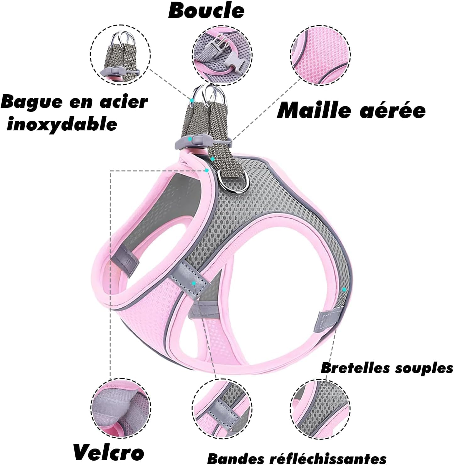 Dog Harness for Small Dogs, Puppy Harness, Cat Harness, Luminous with Lead, Curli Dog Harness, Puppy Accessories (Pink, M) image number 6