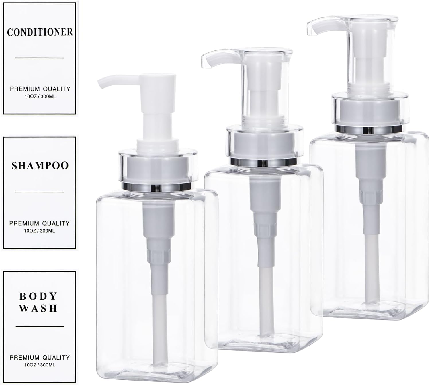 Yeeco Plastic Soap Dispenser, Clear 3 Pcs Refillable Shampoo and Conditioner Bottles, Empty Shower Bottles with Pump, Labels for Shower Bathroom Kitchen, 10Oz/300Ml image number 3