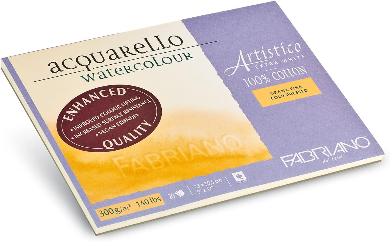 Fabriano Artistico Acquarello Watercolour, Extra White, Fine Grain Cold Pressed, 35.5 X 51 Cm, 15 Sheets 300 G/M&sup2;, High-Quality Artist Watercolour Cardboard, Pad Glued on 4 Sides, Vegan image number 1