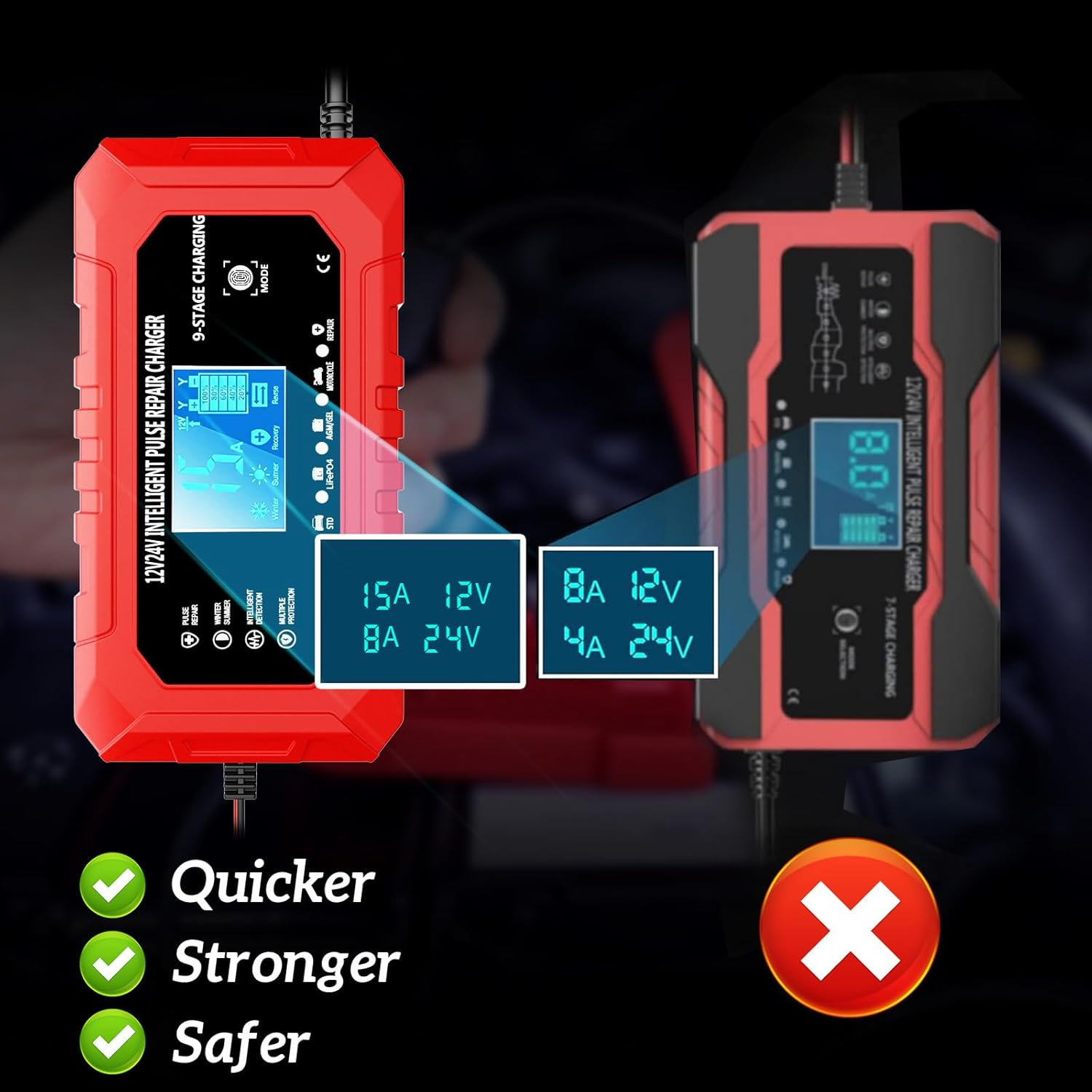 7JI 15-Amp Car Battery Charger Trickle Charger Car AU Plug, 12V/24V Smart Fully-Automatic Battery Maintainer for Car Truck Motorcycle Lawn Mower Boat Marine with Temperature Compensation LCD Display image number 6