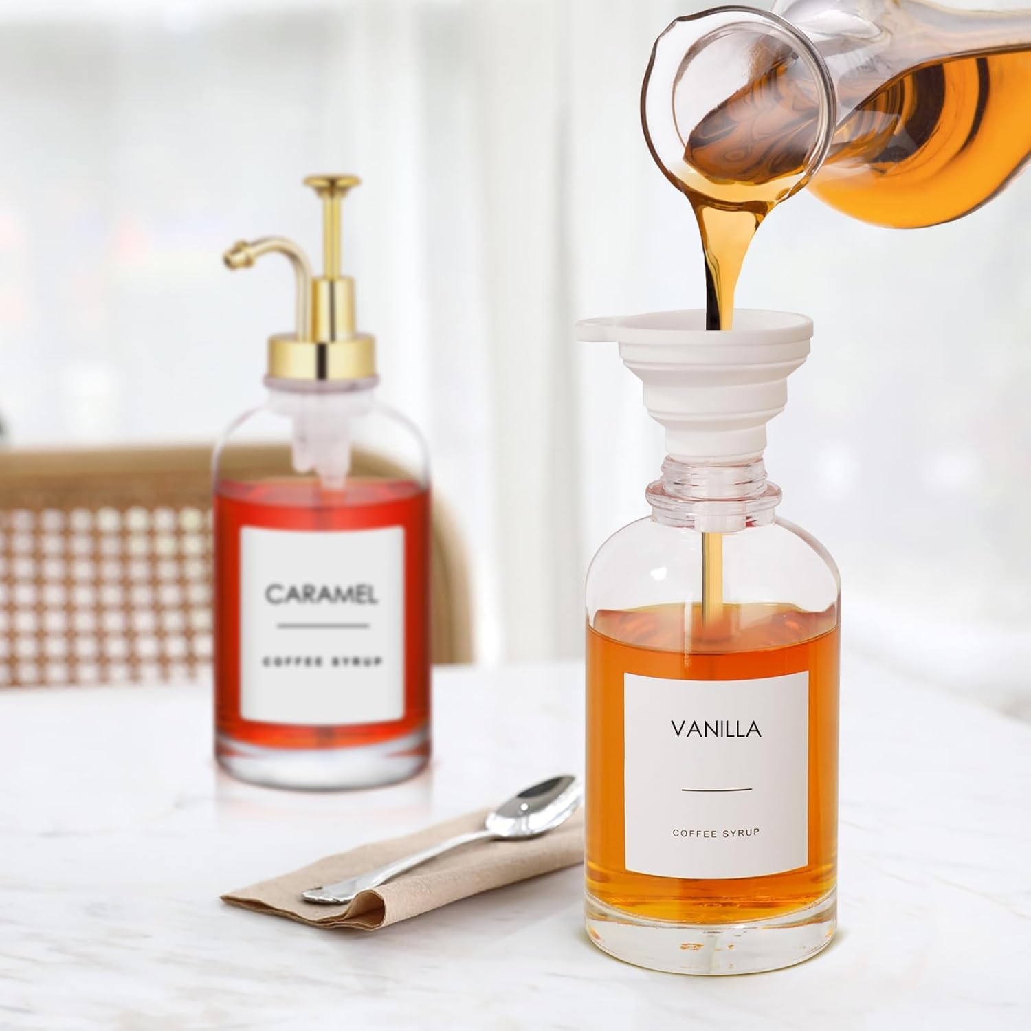 2Pack Coffee Syrup Dispenser, 500Ml Pump Dispenser for Coffees Home Bar, Glass Syrup Bottle Gold Pump, Coffee Pump Dispenser Included Funnels and Labels image number 5