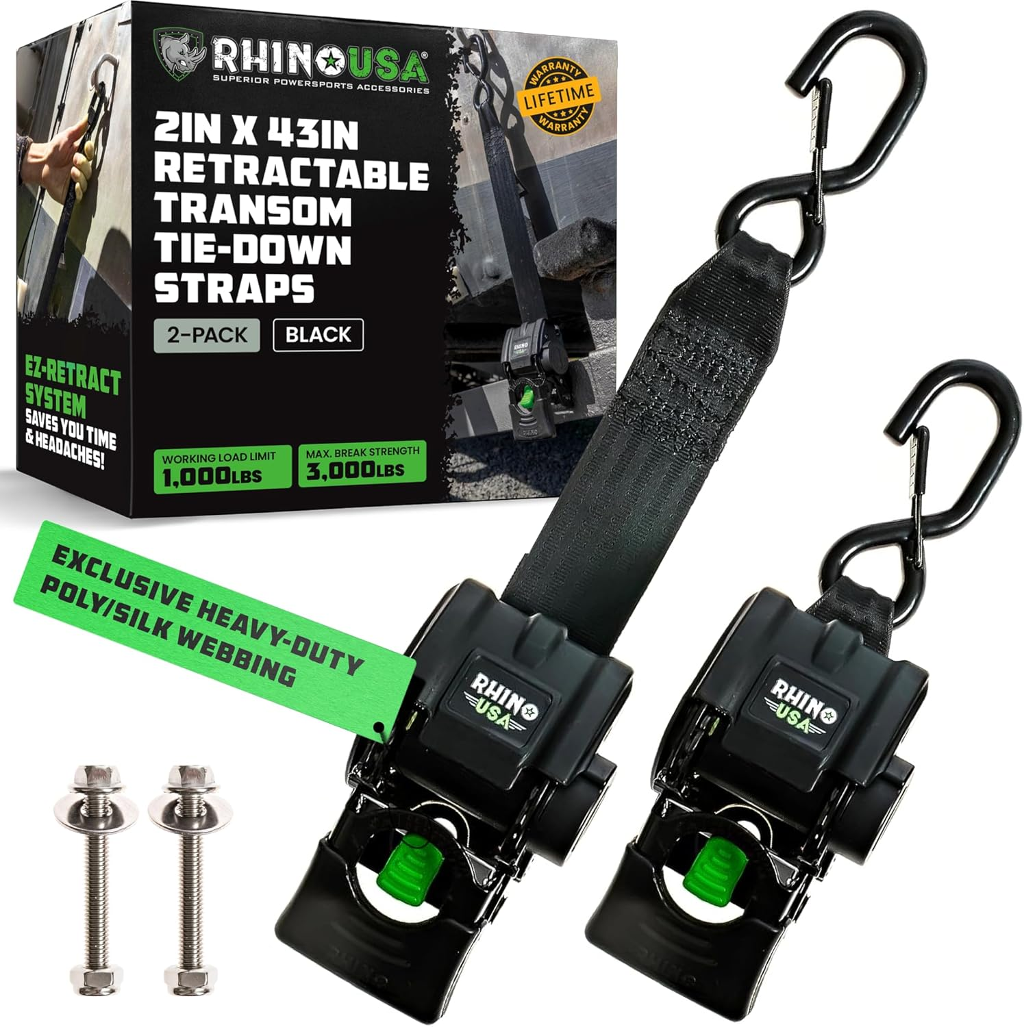 Rhino USA Retractable Boat Trailer Tie down Straps 2PK &ndash; Durable (2In X 43In) Trailer Mount Transom Straps for Boat, Jet Ski &ndash; Stainless Steel &ndash; Salt Water Compatible