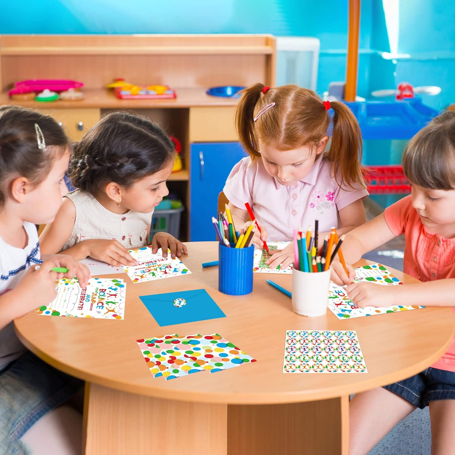 30 Pack Bounce House or Jumping Birthday Party Invitation Jump Bounce House Party Invitation Cards, 30 Trampoline Sticker Labels with 30 Envelopes Bounce House Party Decorations Supplies for Boys image number 1