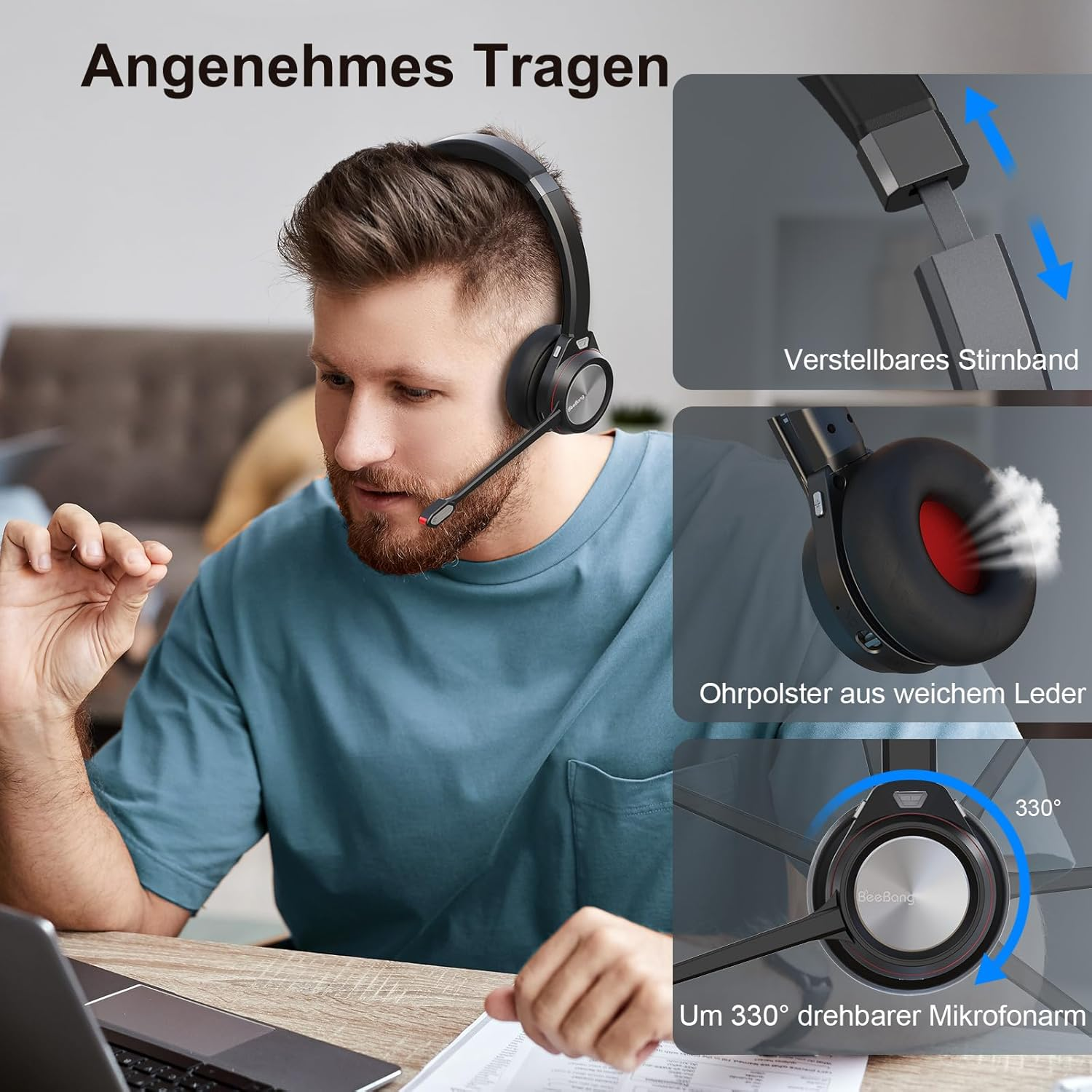 Beebang Wireless Headset, Bluetooth 5.2 Headset with Microphone & USB Dongle for PC, 40 Hours Talk Time Headphones Wireless for Mac Computer Skype Teams Zoom Laptop Office Call Centre Phone image number 4